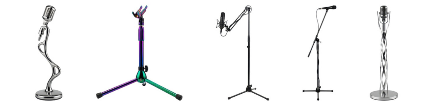 Collection of five different microphone stands isolated on transparent background
