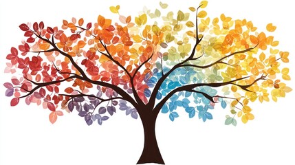 A colorful autumn tree with leaves in shades of orange, yellow, red, and purple against a white background.
