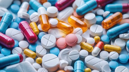 A colorful assortment of pills and capsules in various colors and sizes.