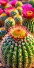 Fototapeta premium Prickly barrel cactus close-up with vibrant flowers and green spines