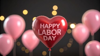 Happy labor day celebration with red heart balloon and pink balloons on dark background