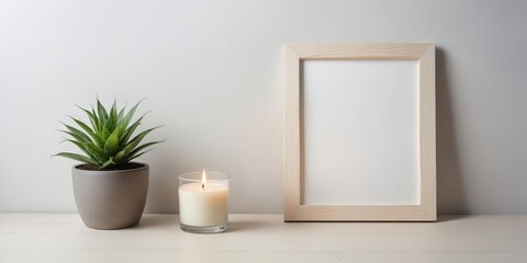 Empty modern frame with a plant pot and a soft candle beside it isolated