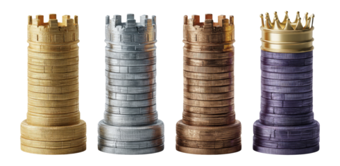 Four Isolated Chess Rooks on a Transparent Background