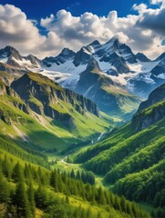 Fototapeta premium A rugged mountain range with snow-capped peaks and valleys covered in lush greenery