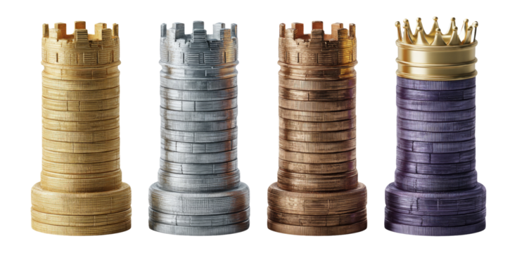 Four Isolated Chess Rooks on a Transparent Background