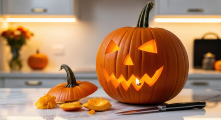 Carved jack o lantern pumpkin glowing with scary face on kitchen countertop ready for halloween