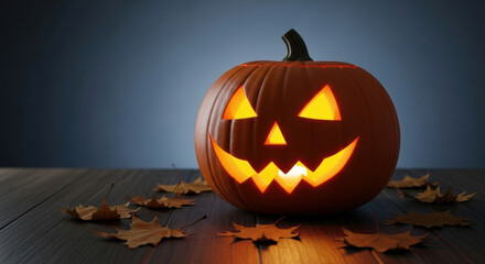 A glowing carved halloween pumpkin with a spooky face sits on a wooden surface surrounded by fallen autumn leaves