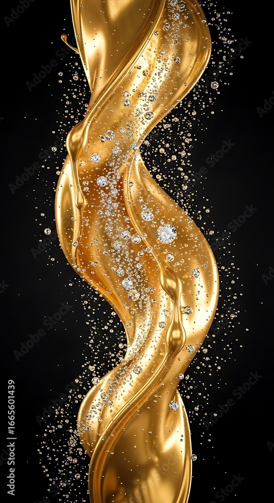 Poster abstract golden fluid form with sparkling particles against a dark backdrop creating an elegant sens