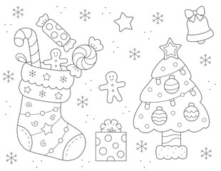 easy christmas coloring pages for adults. black and white design with christmas tree and stocking. Exclusive on Adobe Stock. Printable on letter size (8.5 x 11 in) paper.	