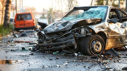 Fototapeta premium A car accident scene with a black car and a red car involved in a collision on a road with debris scattered around.