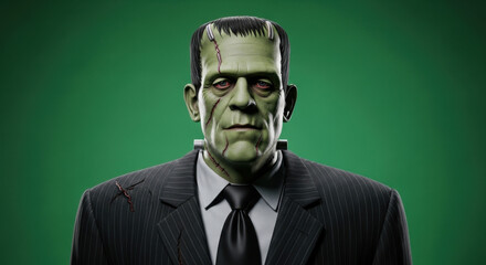 Classic frankenstein monster portrait wearing a formal suit and tie against a green background