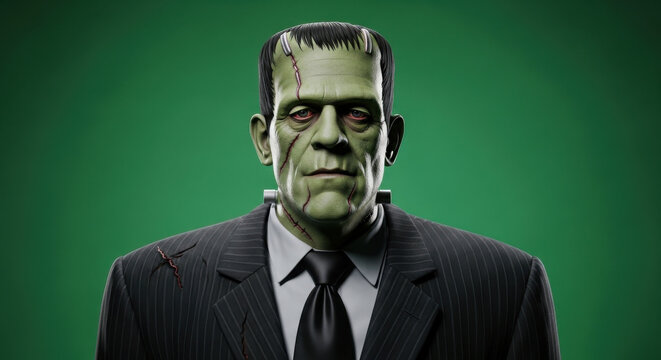 Classic frankenstein monster portrait wearing a formal suit and tie against a green background