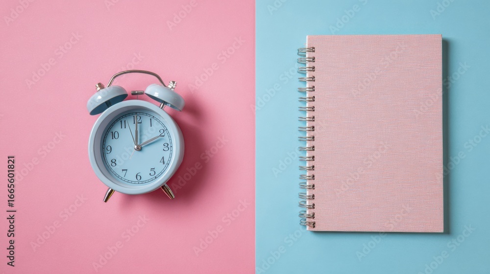 Poster blue alarm clock and blank notebook on pastel pink and light blue background create a calming worksp