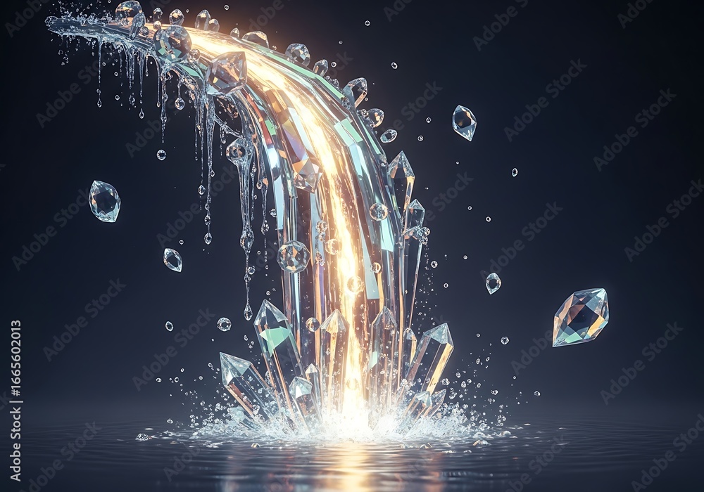 Aufkleber cascading prism light refraction and dispersion with crystal shards falling on dark surface with wat
