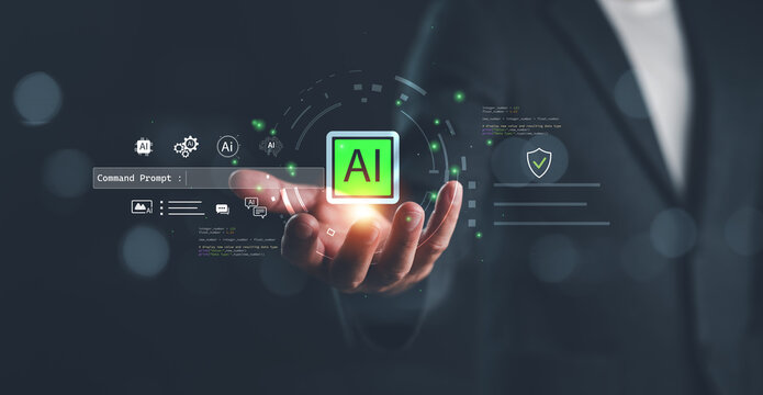 Artificial intelligence command prompt concept with businessman holding glowing AI icon, representing generative technology, smart coding system, machine learning, automation and digital creation.