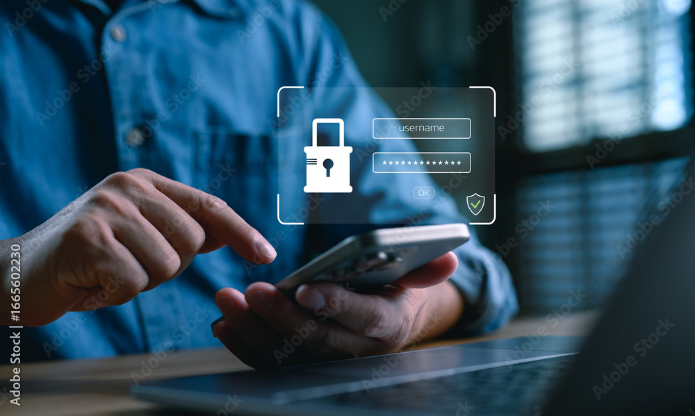 Aufkleber close-up of a person using smartphone with login interface overlay, symbolizing data privacy, online