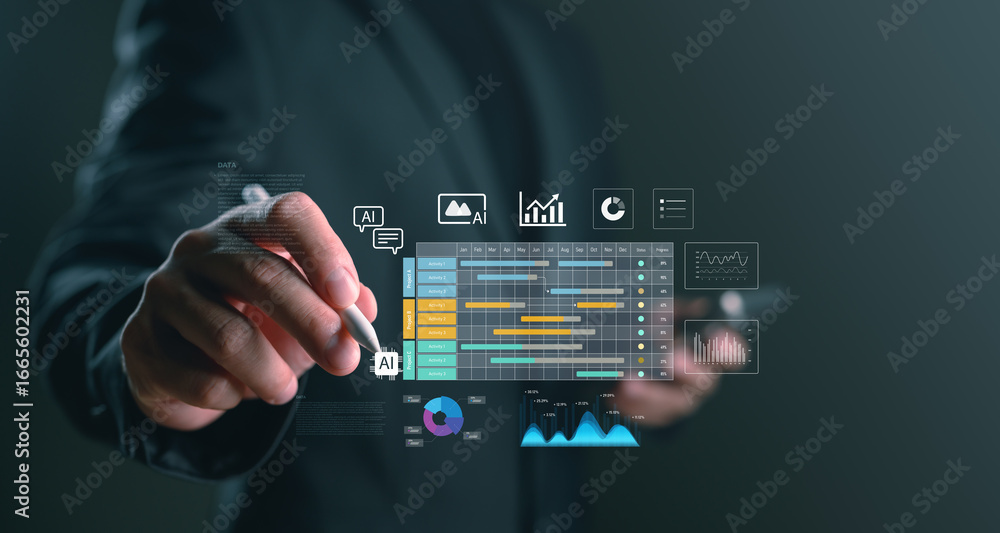 Poster project management dashboard with ai-driven timeline interface, showing gantt chart, progress tracki