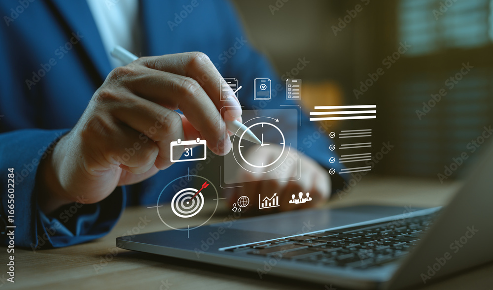 Poster time management and task planning concept with businessman using stylus and digital interface, repre