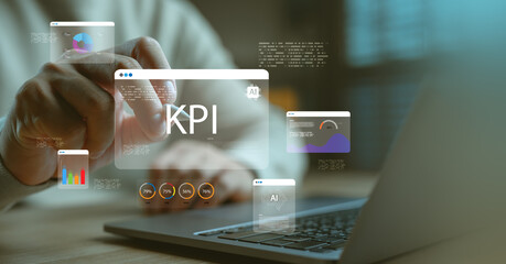 KPI dashboard and business analytics concept with hand interacting with digital performance data, showing AI-driven metrics, productivity tracking, goal measurement and smart business insights.