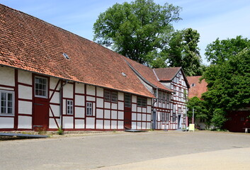 Naklejka premium Yard of the Historical Castle Wolfsburg in Spring, Lower Saxony