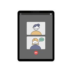 Tablet Displaying Video Call with Two Smiling Women