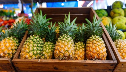 Fresh pineapples displayed in wooden crates at a market, showcasing vibrant yellow and green hues.