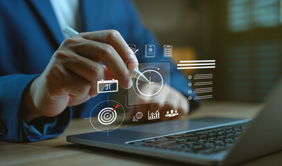 Time management and task planning concept with businessman using stylus and digital interface, representing schedule optimization, productivity tools, project tracking and goal achievement strategy.