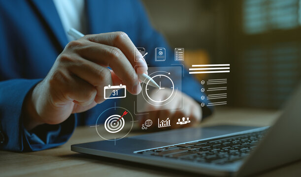 Time management and task planning concept with businessman using stylus and digital interface, representing schedule optimization, productivity tools, project tracking and goal achievement strategy.