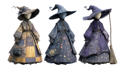 Three Stylish Witches in Colorful Dresses with Hats Isolated on White