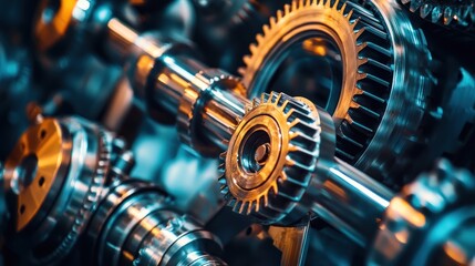 A close-up of a mechanical gear assembly with a metallic sheen, featuring a variety of gears in different sizes and orientations.