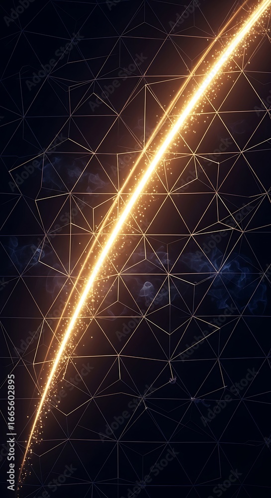 Poster golden arc of light intersecting a crystalline geometric structure creating a mesmerizing digital ba