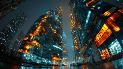 Fototapeta premium Low angle view of modern glass buildings glowing in the dark