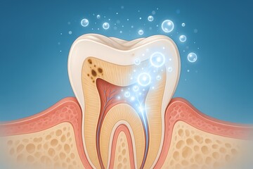Cutaway tooth showing enamel, dentin and pulp. Brown lesions mark early caries on the left, while glowing particles depict treatment that relieves sensitivity and supports remineralization.