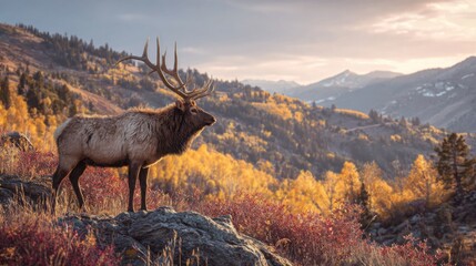 A Bull Elk Proudly Surveys The Autumn Mountains