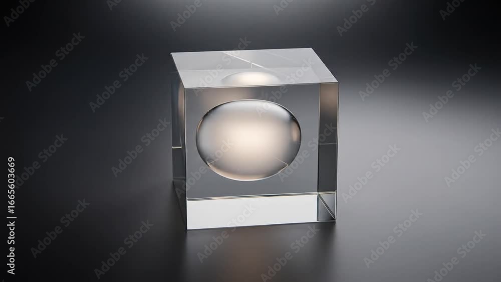 Poster glass cube encasing a luminous sphere: a study in transparency and light