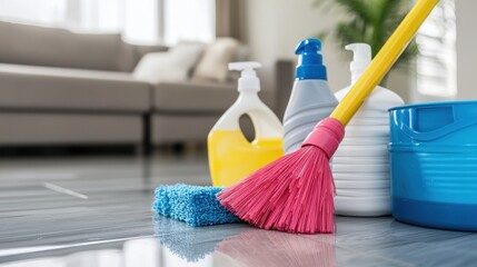 A broom with a pink handle and a blue mop head on a hardwood floor.
