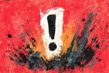 White exclamation mark on red, splattered background