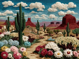 A vibrant textile artwork depicting a desert landscape with cacti, flowering plants, and red rock formations under a bright blue sky