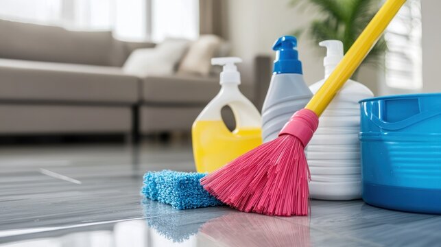 A broom with a pink handle and a blue mop head on a hardwood floor.