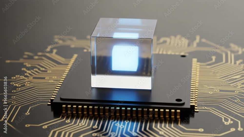Aufkleber a glowing blue cube sits atop a computer microchip