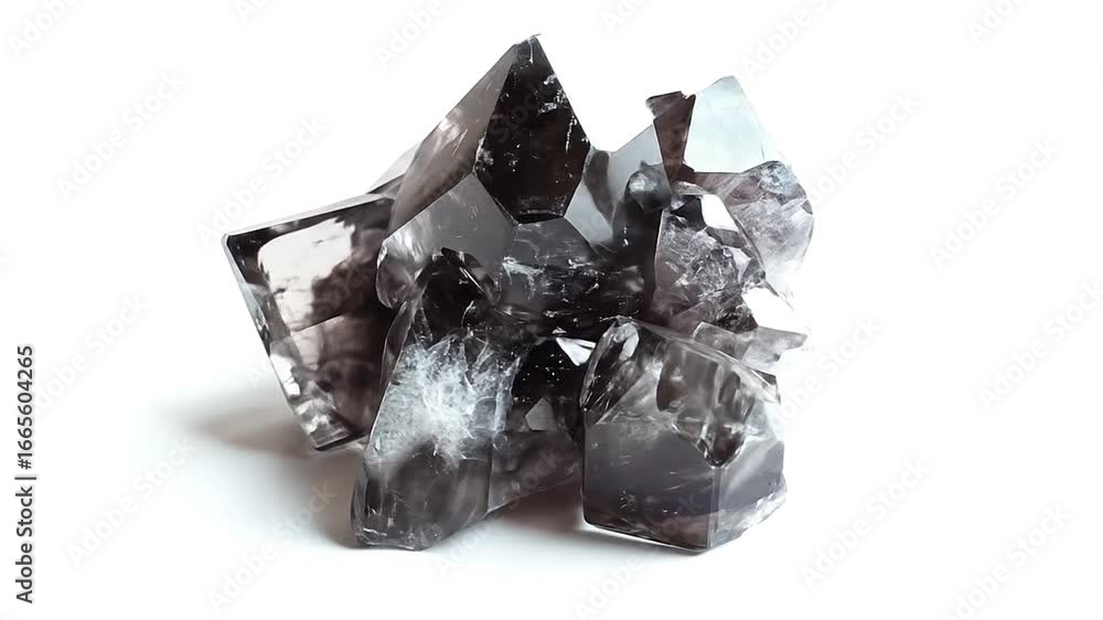 Poster a cluster of smoky quartz crystals translucent and dark with sharp edges resting on a white surface 
