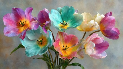A vibrant bouquet of multicolored tulips, artistically arranged against a muted background