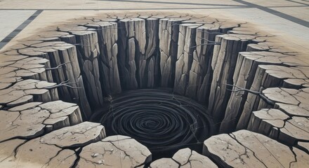 Anamorphic Art: Illusion of a Deep Abyss with Cracked Earth and Vortex