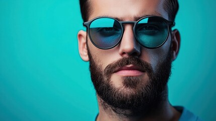 A man with a beard and mustache wearing sunglasses, standing against a blue background.
