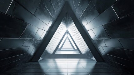 A futuristic, metallic tunnel with a triangular opening leading to a bright light at the end.