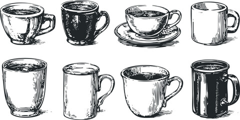 Collection of Hand Drawn Coffee Mugs and Cups with Beverages