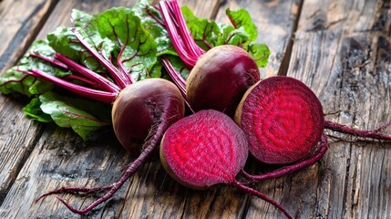 Four beetroots on a rustic wooden table with green leaves.