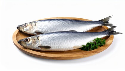 Two Fresh Raw Herrings on Wooden Plate with Parsley Garnish Delicious Seafood