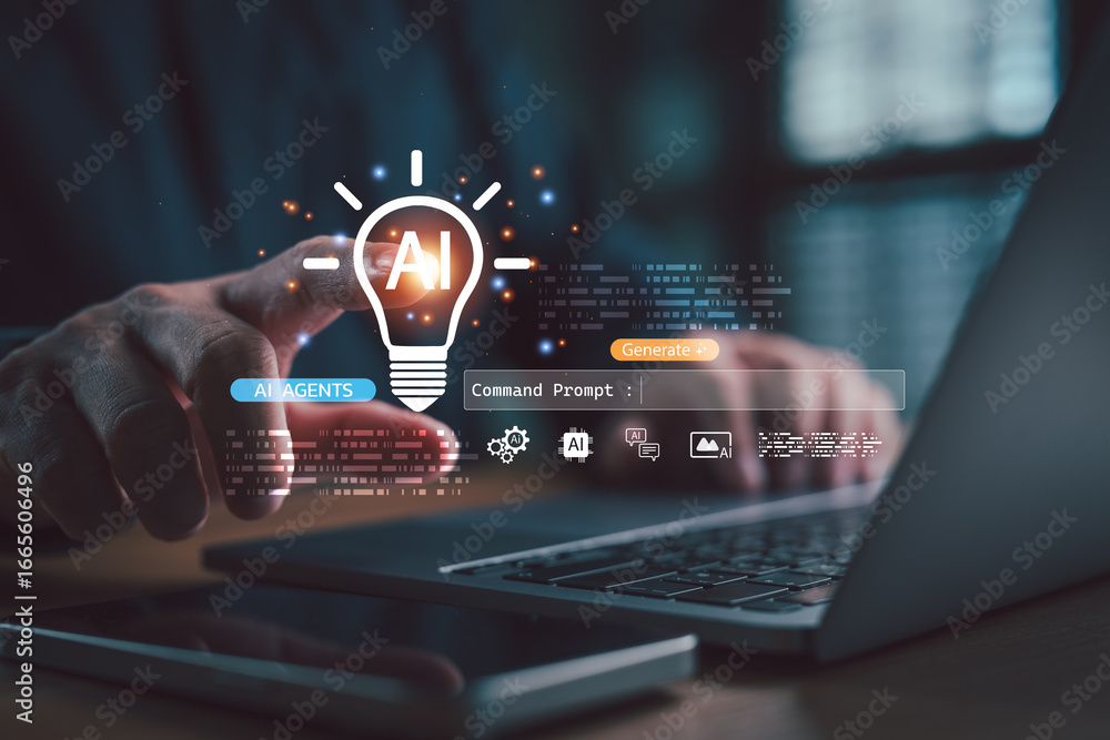 Aufkleber businessman using ai generation tools with command prompt interface, light bulb icon, and virtual el