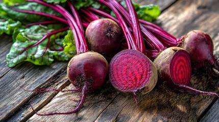 Fresh beetroots on a rustic wooden table.